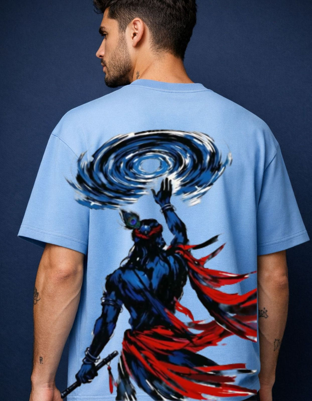 Krishna Divine Oversized Graphic T-Shirt – Sky Blue
